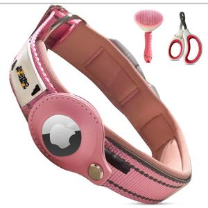 Essential Pet Supplies: Pet Collar for Small Dogs with Reflective AirTag Holder and Secure,Comfortable Padding Bundled with Safe Dog Nail Clippers and Self-Cleaning Dog Brush (PINK)