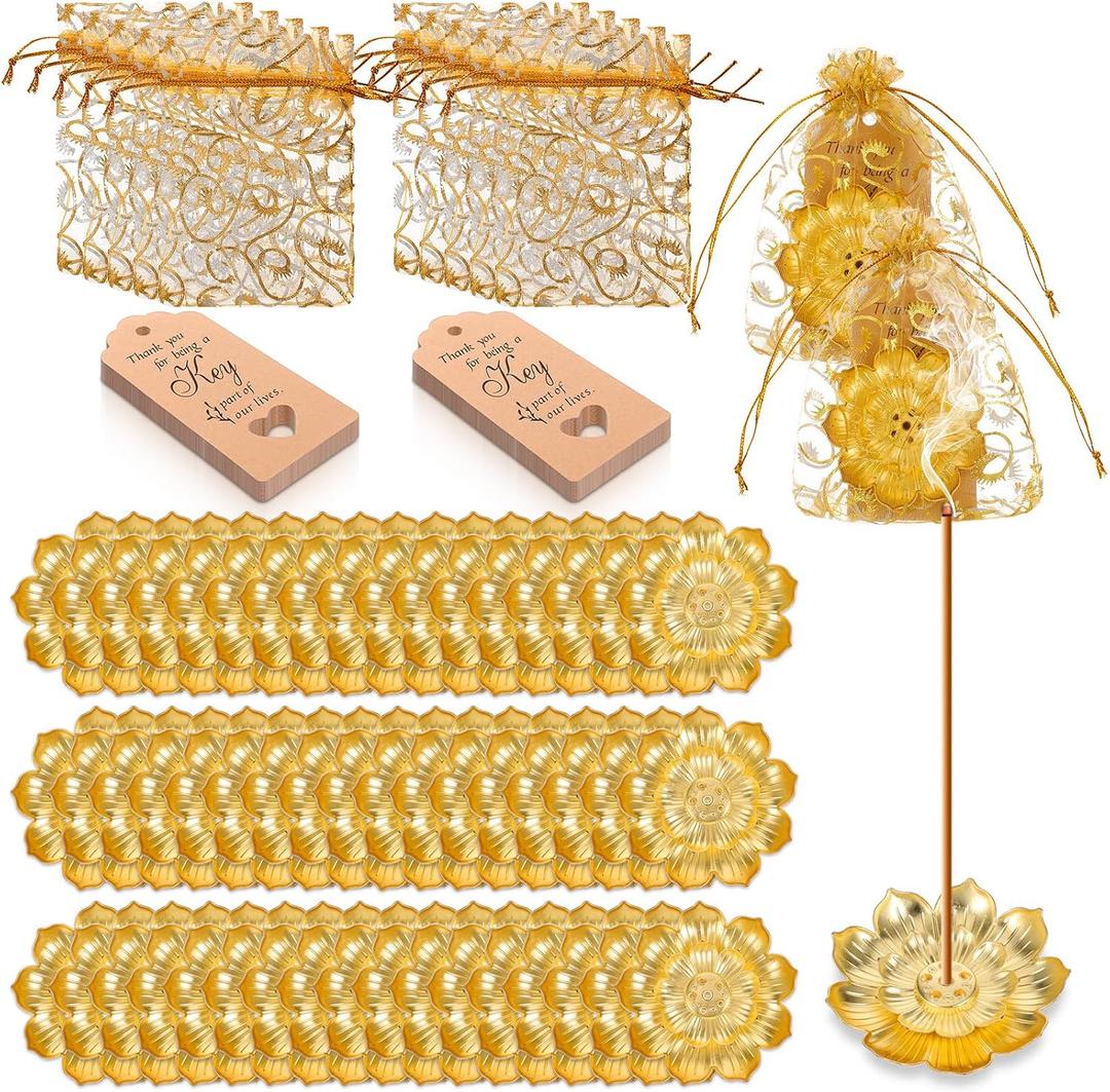 150 Pcs Diwali Gifts Bulk Gold Lotus Incense Sticks Holders Zinc Alloy Incense Holder Return Gifts for Pooja Navratri with Organza Bags and Thank You Cards for Pooja Indian Wedding Party Supplies