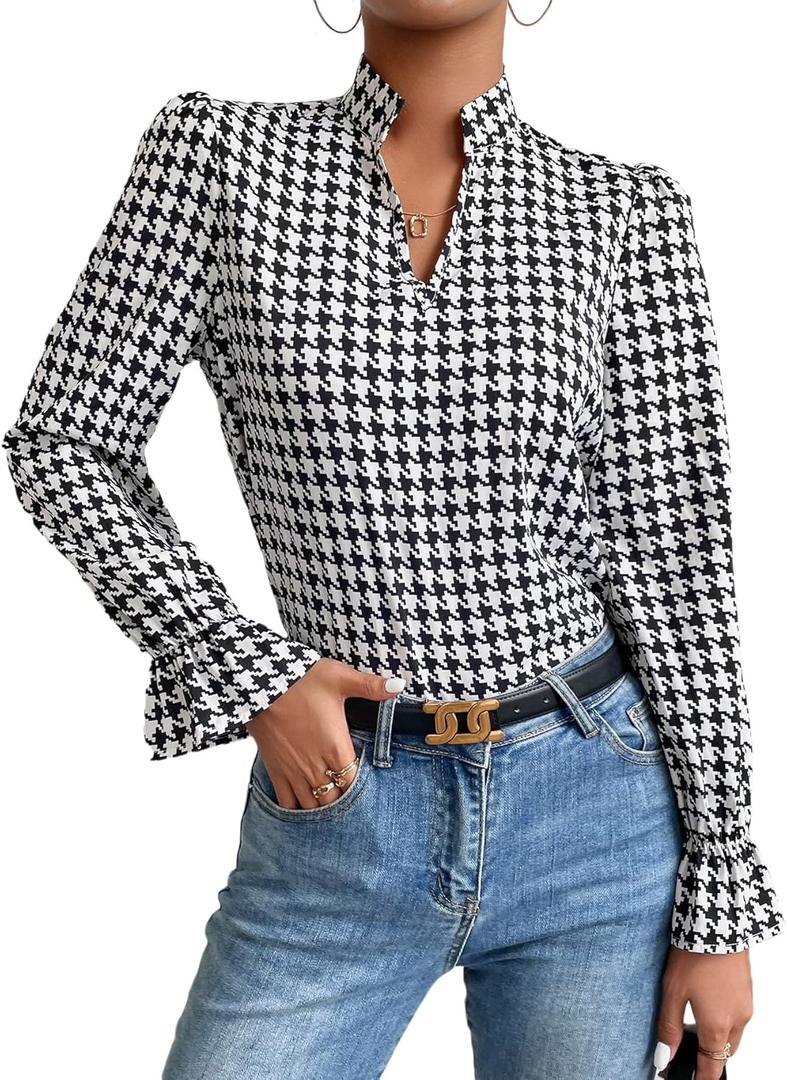 Floerns Women's Houndstooth Print Notched V Neck Long Sleeve Casual Blouse Tops (Medium, Black and White)