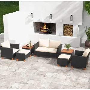 Black 7-Piece Wicker Outdoor Sectional Set with White Cushions
