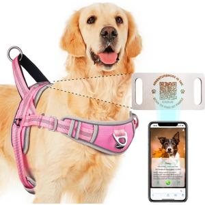 ADVENTUREMORE No Pull Dog Harness for Large Dogs with QR Code Dog Tag,Adjustable Reflective Breathable Dog Vest Harness with Easy Control Front Clip Handle for Training Walking L Pink
