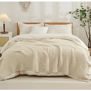 EMME Cotton Blanket Queen Size for Bed Soft Muslin Bed Blankets 90"x90" Lightweight Breathable Bedspread Coverlet All Season Gauze, Light Tan