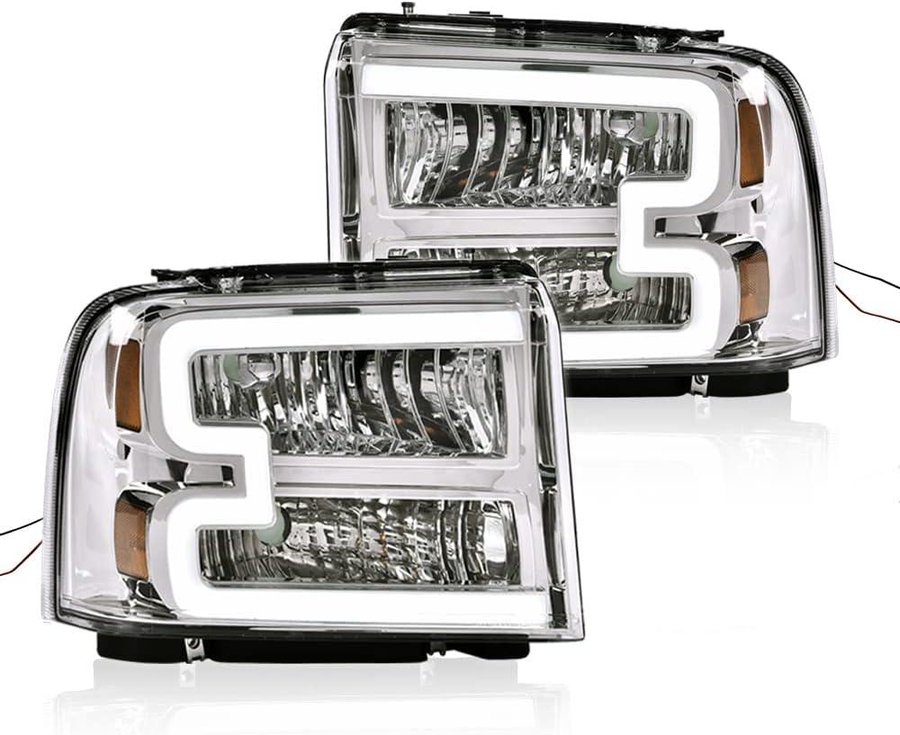 Headlight Assembly with LED DRL Bar Compatible with 2005 2006 2007 Ford F250 F350 F450 F550 SuperDuty Headlamp(Clear lens Chrome Housing Amber Reflector)