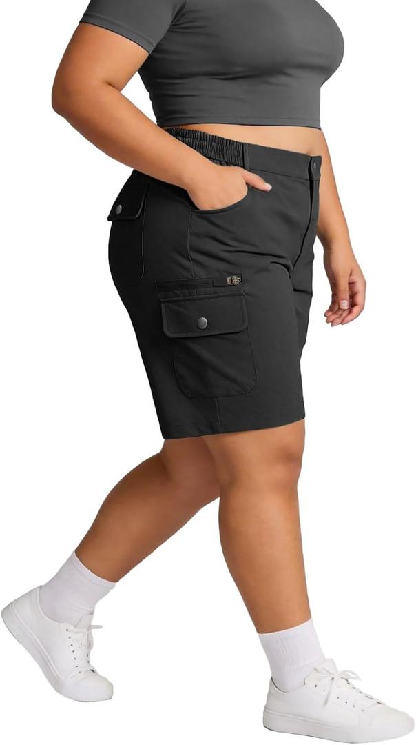 YOHOYOHA Womens Plus Size Shorts Athletic Bermuda - Curvy Women Comfy Flowy Long with Pockets for Lounge Hiking Golf (XX-Large, Black)