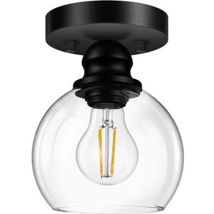 Bricosmocon Industrial Semi Flush Mount Ceiling Light, 5.91 Inch Clear Glass Ceiling Lamp Shade, Matte Black Closet Lights, Garage Ceiling Light Fixture for Hallway Porch Entryway Bath Vanity (E26 Base, No Bulb)