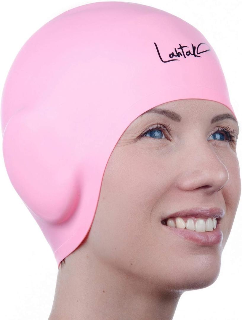 3D Swim Caps - Ear Protection Swimming Cap for Women & Men - Silicone, Waterproof - Fits Long & Short Hair - Adult & Youth (Pink)