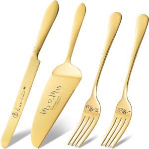 Gold Cake Cutting Set for Wedding, Wedding Cake Knife and Server Set, Cake Cutter and Pie Server Set of 4 for Mr and Mrs Wedding Gifts (Gold)