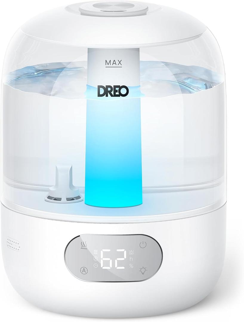 DREO Humidifiers for Bedroom, 3L Top Fill 30H & 26dB Quiet Runtime for Large Room, Cool Mist Ultrasonic Humidifier with Humidity Sensor, Night Light for Home, Baby, Nursery, Plants, New Edition