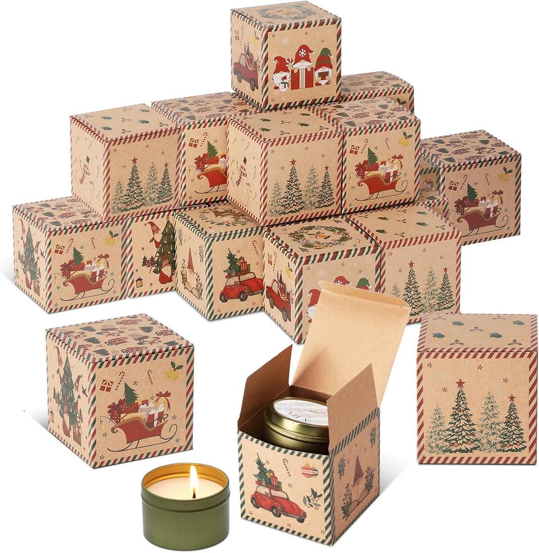 Humyoun 24 Pcs Mini Christmas Candle Boxes Small Christmas Gift Boxes with Lids 3 x 3 x 3 Inches Xmas Candle Packaging Candy Cookie Treat Kraft Bags for Gift Wrapping Xmas Party Decorations (Gnome)