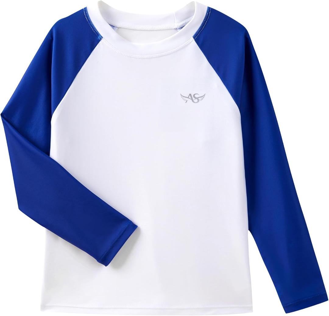 2 x Angel season Rash Guard for Boys UPF 50+ Swim Shirt Long Sleeve Bathing Suit Summer UV Protection Sun Shirts Rashgurad (2T, White Blue)
