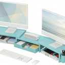 OPNICE Desk Organizers and Accessories, Dual Monitor Stand Riser with Drawer and 2 Pen Holders, Desk Shelf Metal Computer Monitor Stand for Office Workspace Organizers, Desktop Organization (Blue)