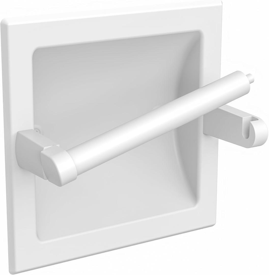 White Recessed Toilet Paper Holder for Regular Rolls, in Wall White Pivoting Toilet Paper Holder Wall Mount Made of Metal, Bathroom Toilet Paper Wall Holder
