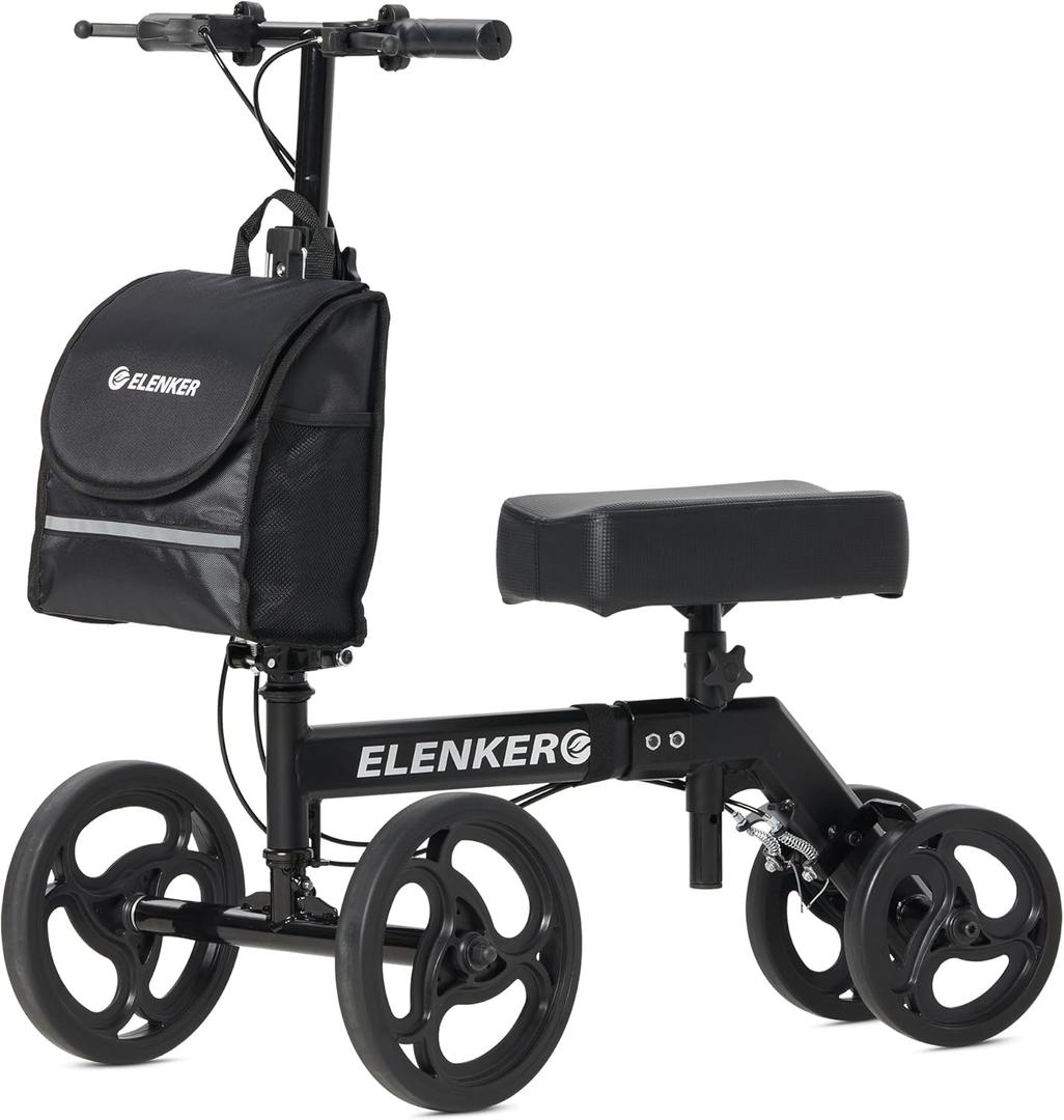 ELENKER Steerable Knee Walker Deluxe Medical Scooter for Foot Injuries Compact Crutches Alternative (Bright Black) (Bright Black)