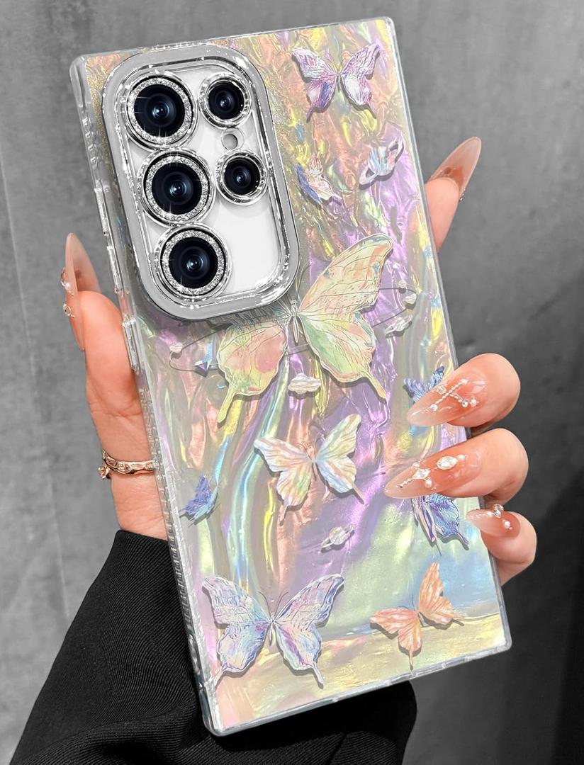 Toycamp Compatible with Samsung Galaxy S23 Ultra Case - Cute Glitter Laser Butterfly S23 Ultra Phone Case with Bling Camera Lens Protector Laser Holo Galaxy S23 Ultra Cover for Women Girly