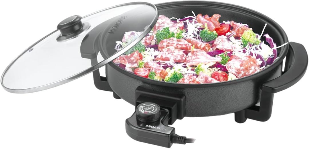 12" Round Electric Skillet with lid, Ceramic Nonstick Coating Electric Frying Pan, 1500W Quick & Even Heating, 5 Adjustable Temperature Control, Tempered Glass Lid & Cool-Touch Handles