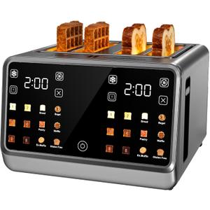 4 Slice Toaster Wide Slot Dual Digital TouchScreen & Independent Control Panel | Single-Slice Modes/Reheat/Defrost | 1800W Stainless Steel Toaster for Bagels & Artisan Bread