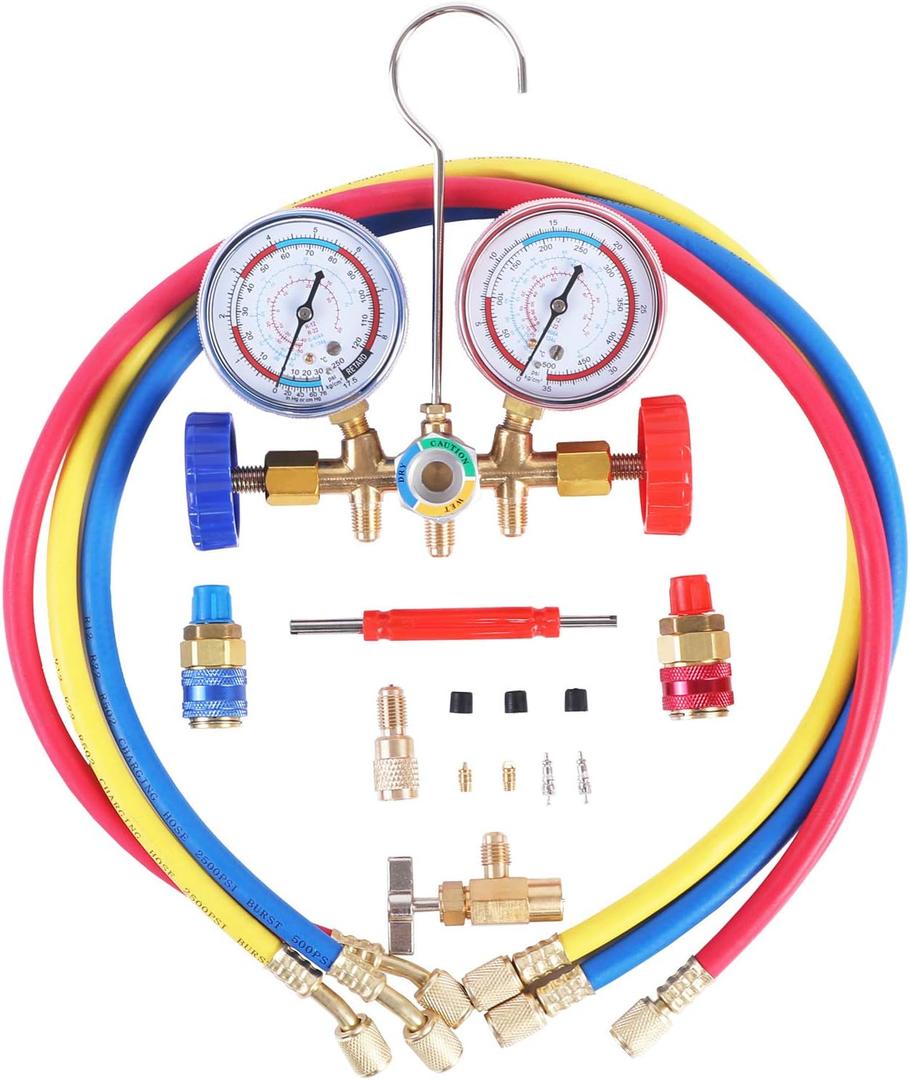 JIFETOR 3 Way AC Manifold Gauge Set, HVAC Diagnostic Charging Tool for Auto Household R404A R134A Refrigerant with R134A Quick Couplers 3FT Charging Hose Can Tap Adapter Valve Core Tool