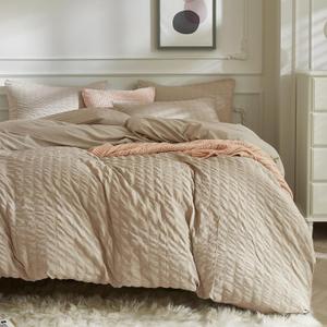 JELLYMONI Khaki Duvet Cover Full Size, 3pcs Washed Microfiber Bedding Set, Soft Breathable Seersucker Duvet Cover Set with Zipper Closure and Corner Ties for All Seasons (Full(80"90"))