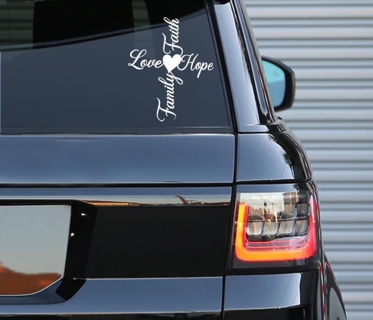 Faith Family Love Hope Heart Cross Decal  Indoor and Outdoor use | White Vinyl Sticker | Waterbottles Truck Window Laptop| Easy Use for Car, Van & Bike | White | 5.9" x 4.9"