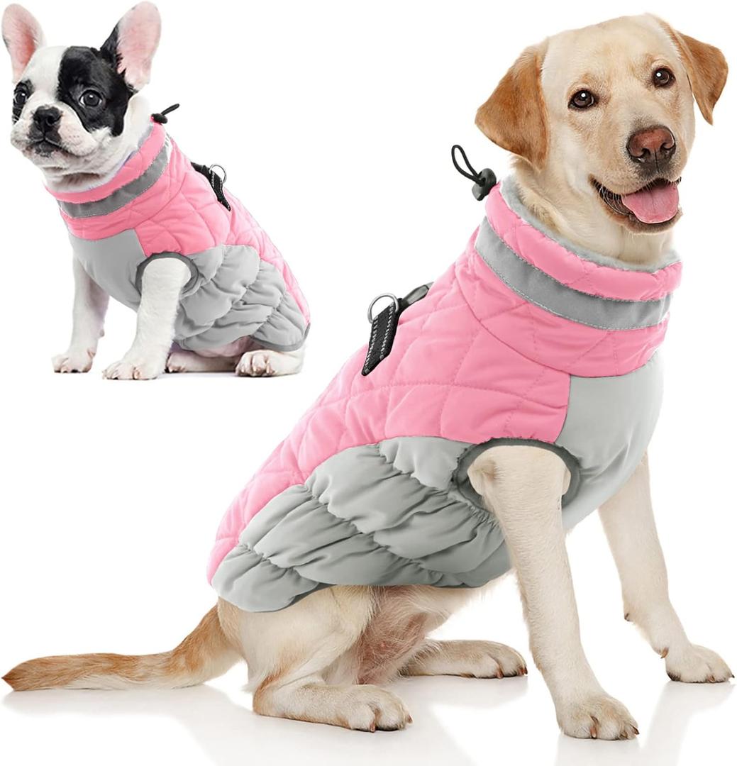 AOFITEE Dog Coat, Warm Dog Winter Coat, Reflective Turtleneck Large Dogs Jacket with Harness Built in, Turtleneck Pet Winter Jacket, Waterproof Pet Snow Jackets Fleece Vest, Lilac XL