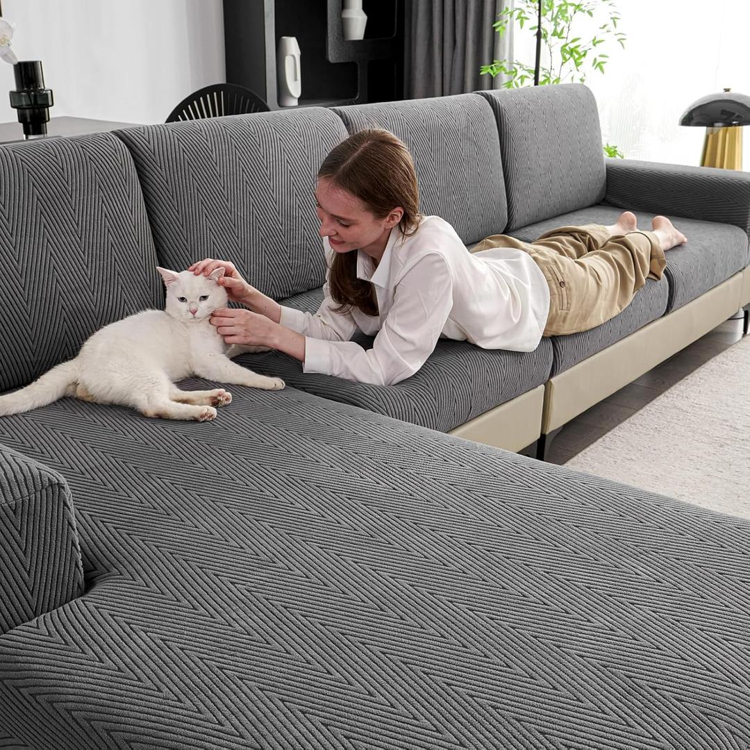 Couch Cushion Covers for Sectional Sofa, Wear Resistant Stretch Sofa Slipcovers for Chair Sofa Cushion Furniture Protector Washable Seat Cover for Pets (Dark Gray, 3 Seat Covers S+ 1 Chaise)