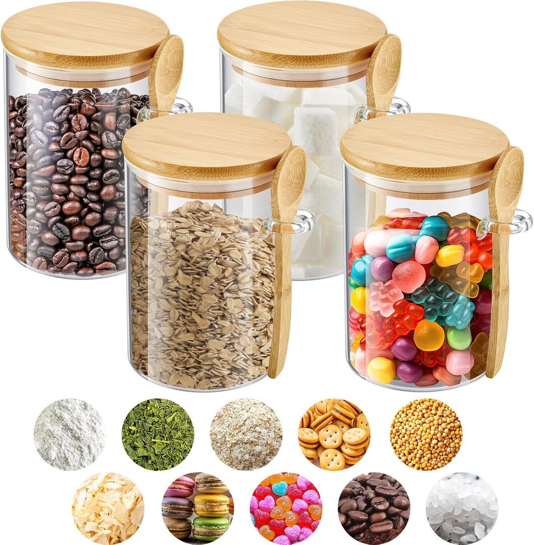 Set of 4 Overnight Oats Containers with Lids Sugar Container Airtight Glass Jars with Bamboo Lids and Spoons 17oz Glass Canisters Coffee Containers Food Jars Canisters for Kitchen Spice Beans