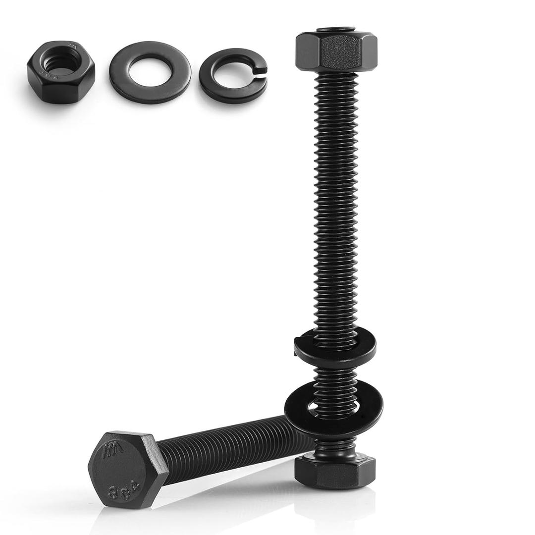 1/4-20 x 5 Hex Head Screws Bolts,Hex Nuts,Flat & Lock Washers,304 Stainless Steel 18-8,Black Zinc Plated,Fully Threaded(8 Sets)