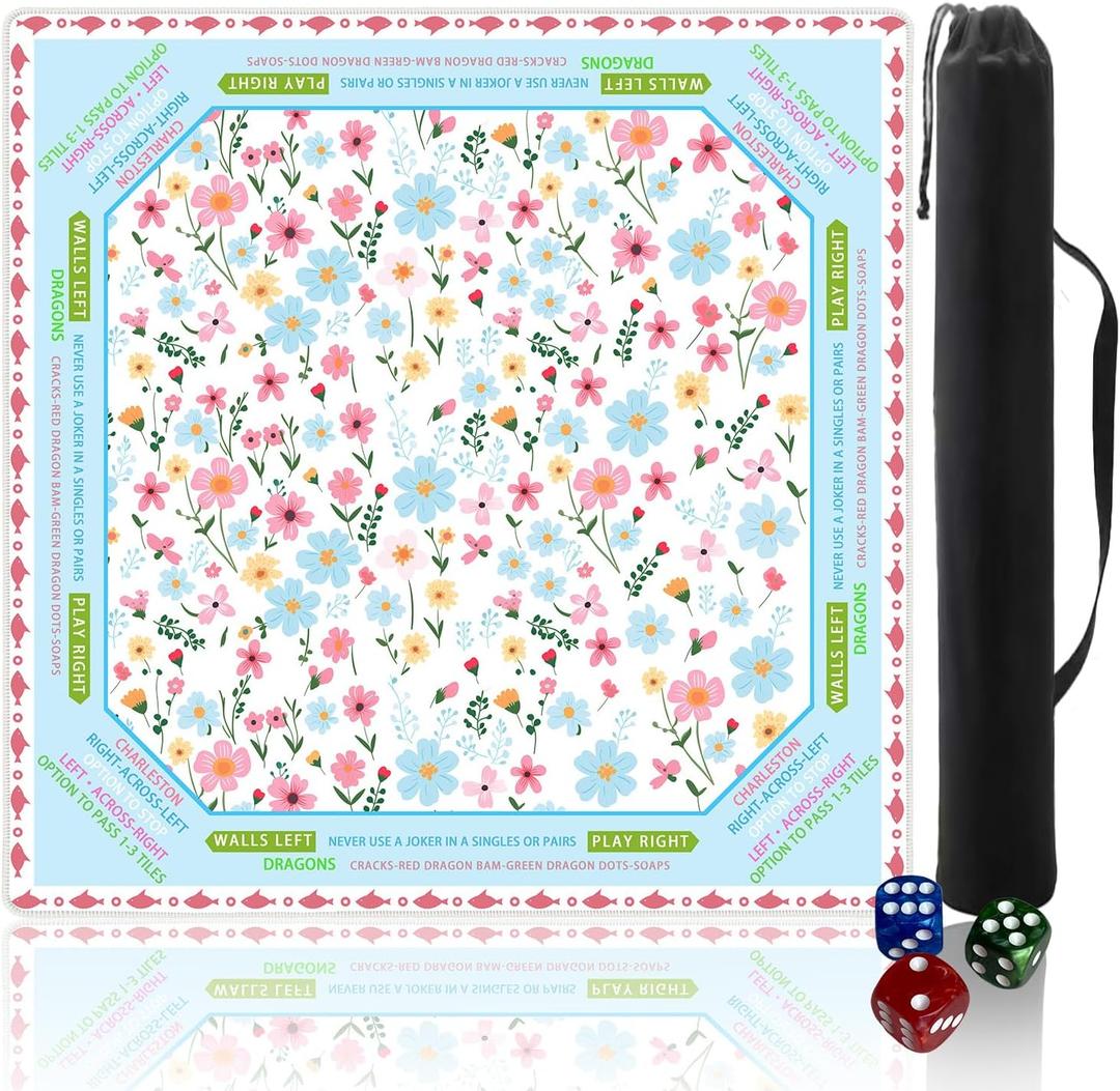 Mahjong mat for Table/31.5lnch/American Mahjong Table Cloth with Rules mats with Drawstring Bag,Noise ReductionAnti-Slip Game mat for Table,for Mahiona/PokerBoard Games/Card Games (Little Flower)