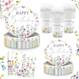 120PCS Wildflower Birthday Party Plates Supplies for Girls and Women, Spring Wild Flower Floral Paper Plates 9" Dessert Plates 7" Napkins Cups Forks Tableware Serve 24 Guests