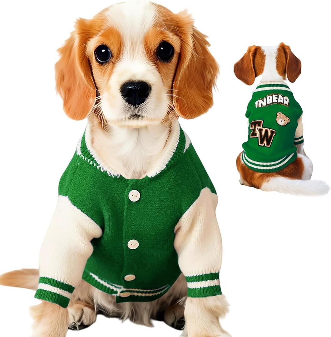 Dog Varsity Sweaters for Dogs, Brushed Fleece Dog Sweater Baseball Jacket Pet Clothes with Bear Embroidery, Soft Warm Sweatshirt Clothes for Puppy Large (8-12lbs), Green)