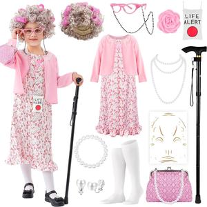 100 Days of School Old Lady Costume Set Grandma Dress Up Cosplay Accessories for Girls 13PCS (L8-10y, Allpink)