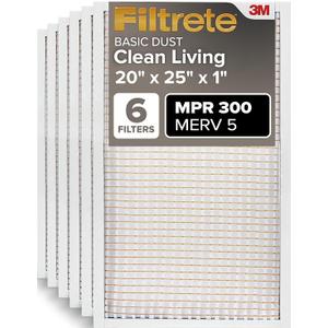 Filtrete 20x25x1 Air Filter MERV 5, 6-Pack AC Furnace HVAC Filters for Home, MPR 300 Basic Dust Defense, Pleated Electrostatic Removes Lint & Dust (Actual Size 19.69x24.69x0.81 in)