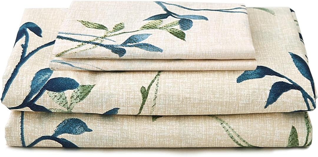 JSD Beige Leaves Printed Sheet Set King Size, 4 Piece Botanical Pattern Microfiber Sheets Extra Deep Pocket