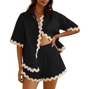 Women Two Piece Summer Sets Short Sleeve Button Down Shirts Size M