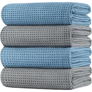 POLYTE 430 GSM Polyester Polyamide Microfiber Oversize Quick Dry Lint Free Bath Towel, 60 x 30 in, 4 Pack (Waffle Weave) (Gray,blue)
