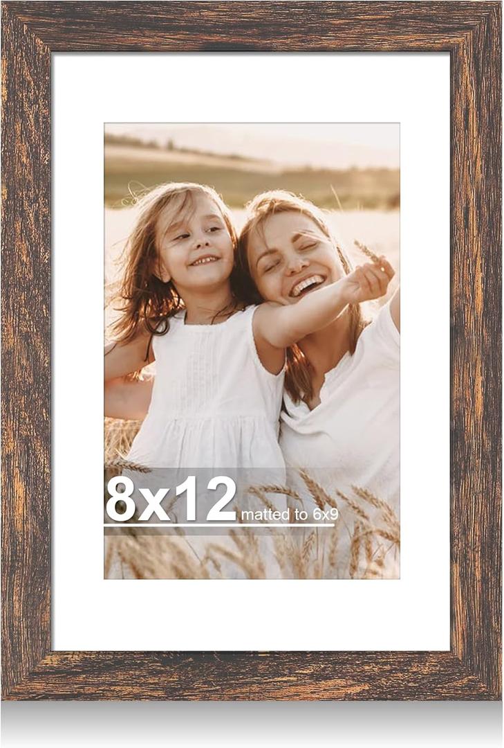 Hongkee 8x12 Picture Frame with Glass, Display Pictures 6x9 with Mat or 8 x 12 without Mat - Wall and Tabletop, 8 by 12 Photo Wooden Frames (Rustic Brown, 1 Pack)