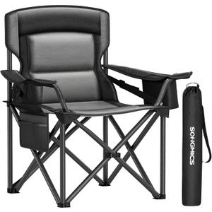 SONGMICS Oversized Lumbar Support Camping Chair, Heavy-Duty Outdoor Folding Chair Comfortable, Padded, Glamping, Cooler Bag, Weight Capacity 450 lb, Ink Black UGCB066B01
