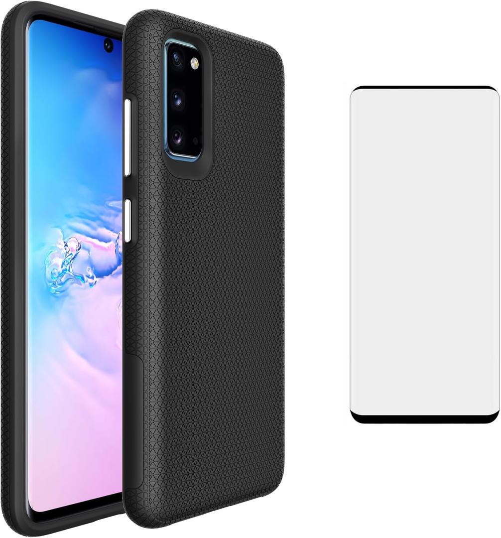 Phone Case for Samsung Galaxy S20 5G 6.2 inch with Tempered Glass Screen Protector Slim Hybrid Heavy Duty Hard Rugged Shockproof Grip Protective Cell Cover S 20 20S UW S2O G5 Women Men Black