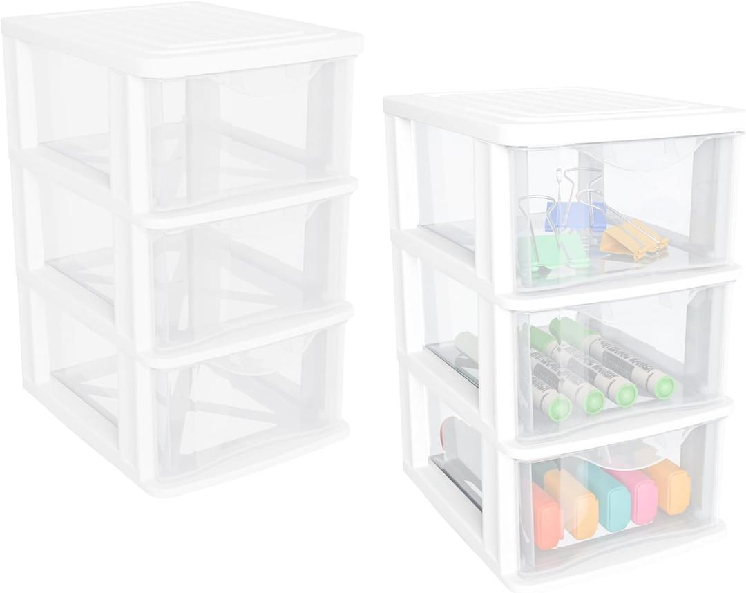 Gonice Small 3 Drawer Desktop Organizer, 2 Pack White Plastic Stroage, Desktop Organization for Small Tools (3tier 2pack)