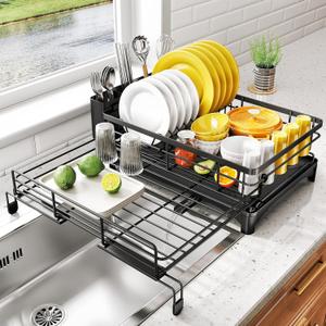 SNTD Dish Drying Rack - Extendable Dish Rack, Large Sink Drying Dish Drainer for Kitchen Counter, Stainless Steel Dish Strainer with Utensil Holder (Black) SNTD Dish Drying Rack - Extendable Dish Rack, Large Sink Drying Dish Drainer for Kitchen Counter, Stainless Steel Dish Strainer with Utensil Holder (Black)