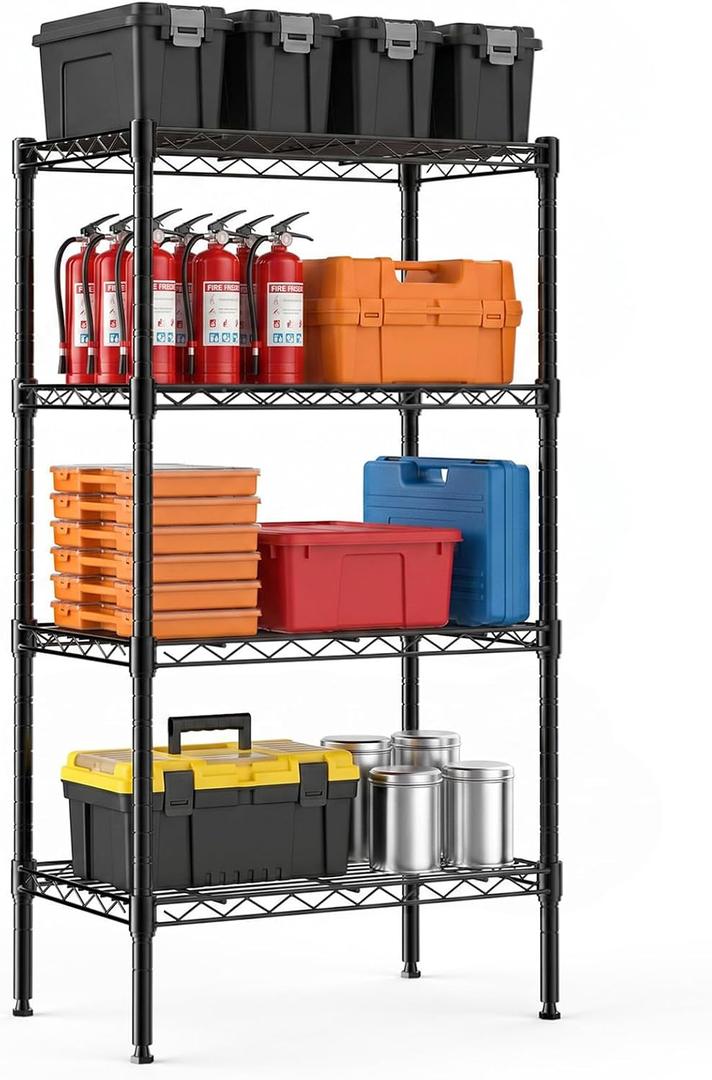 NEWBULIG 4-Tier Metal Shelving Rack, 200 lbs Wire Storage Shelves, Black