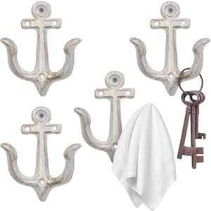 XINGYAN Vintage Rustic Cast Iron Nautical Sea Anchor Design Wall Hooks,Home Coat Rack,Decorative Wall Mounted Antique Shabby Chic Metal Bathroom Towel,Coat Hooks,Hanger,Screws Inside (Beige[4pcs])
