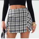 EXLURA Women's Fashion Faux Wool Mini Skirt High Waisted Y2K Trendy Side Slit Tweed Plaid Skirts 2025 Fall Winter Outfits Grey Medium