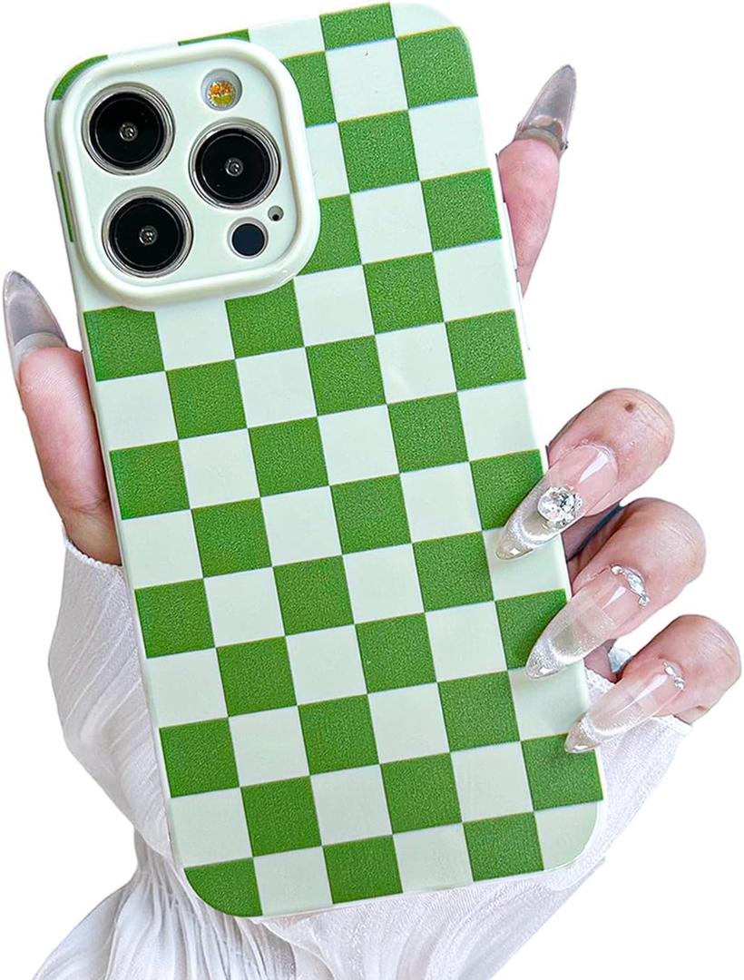 MINSCOSE for iPhone 15 Pro Max Case Aesthetic Checkered Plaid Checkerboard Design Pattern,Trendy Slim TPU Shockproof Protective Full Camera Protection Phone Cover-Green