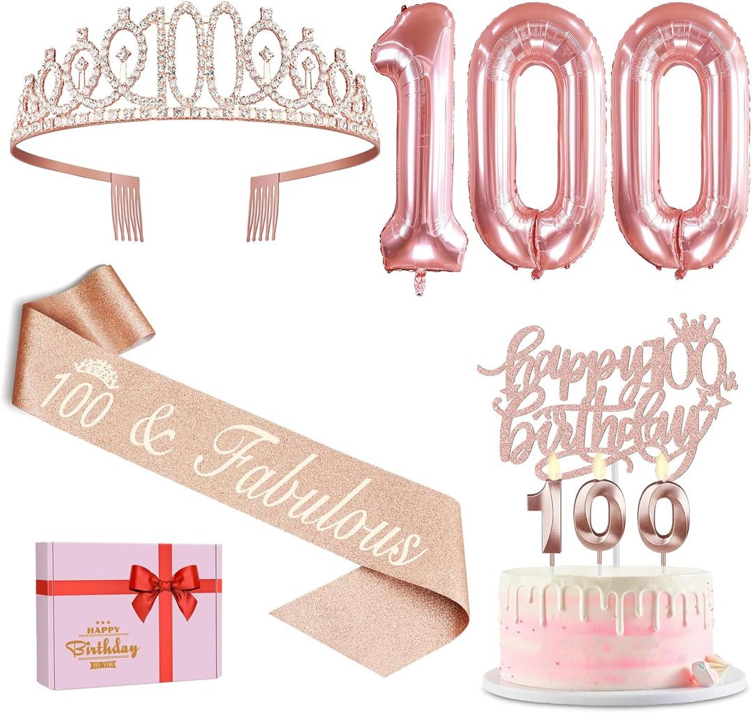 100th Birthday Decorations for Women, Include 100th Birthday Sash and Tiara, Cake Topper and Candles, Number Balloons, 100 Year Old Gifts Women