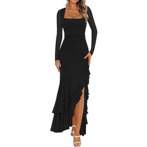 BORIFLORS Women's Bodycon Ruched Mesh Long Sleeve Maxi Dress Mermaid Ruffle Formal Cocktail Party Long Dresses, Small, Black