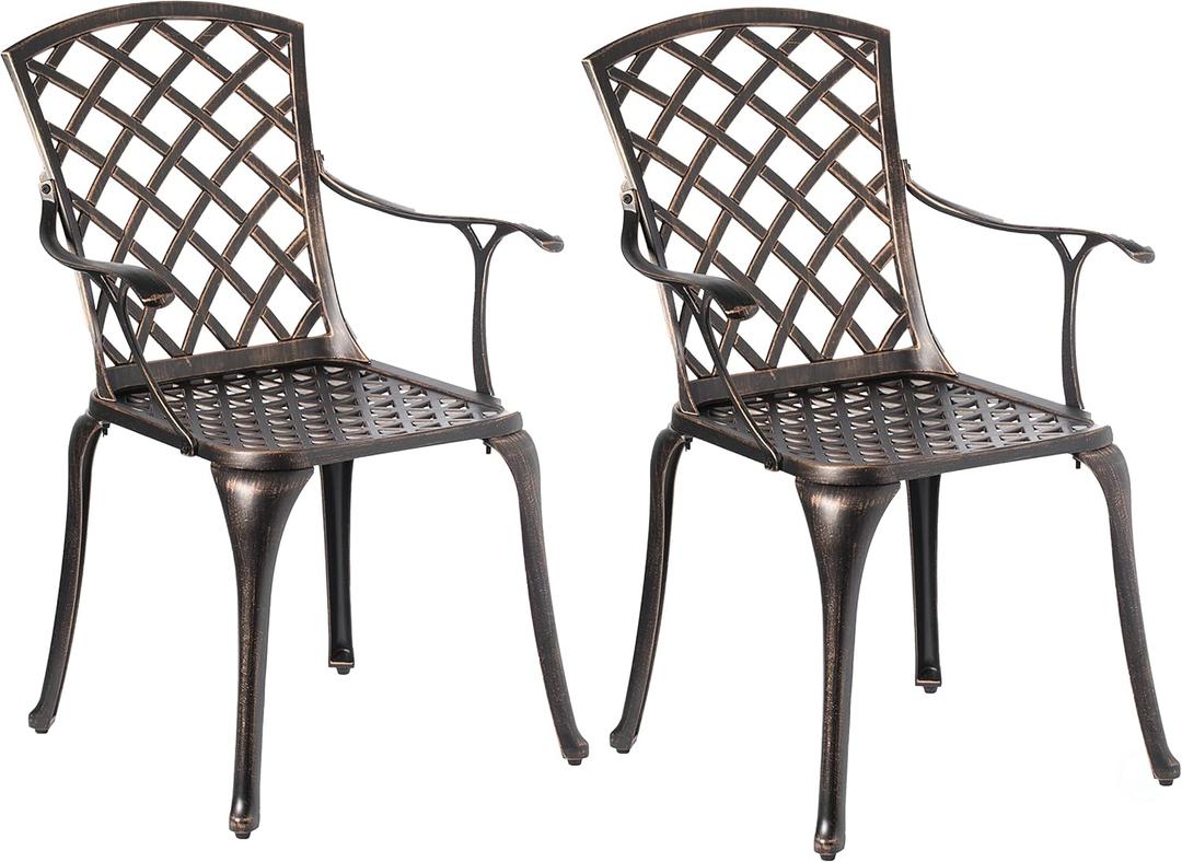 Indoor and Outdoor Patio Bistro Chairs with Armrest Bronze Dinning Set 2 Chairs, Cast Aluminum.