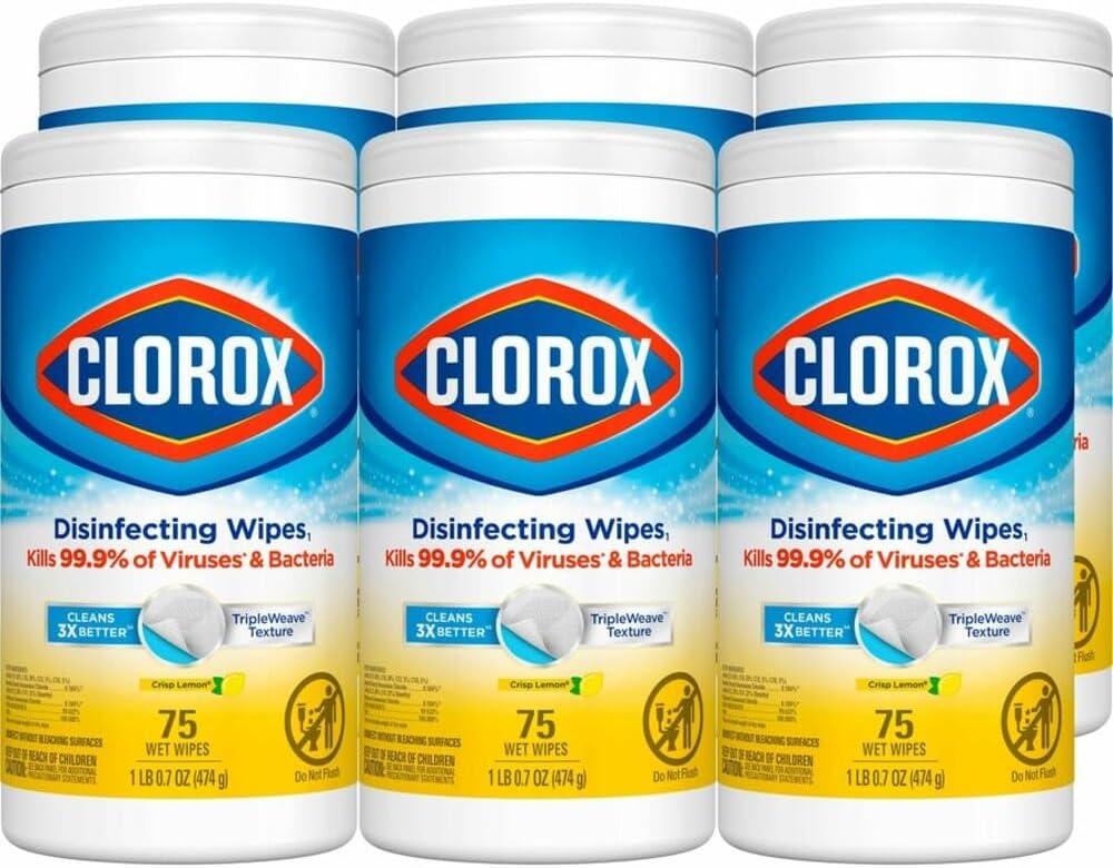 Clorox Disinfecting Cleaning Wipes, Bleach Free, Crisp Lemon, 75 Count, Pack of 6