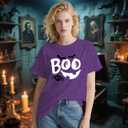 Women Halloween Shirts Spooky Boo Pumpkin Face T-Shirt Trick or Treat Party Short Sleeve (Purple, L)