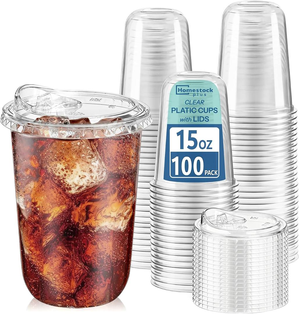 Homestockplus 15 oz Clear Plastic Cups with Lids (100 Pack) - Strawless Sip Lids, Leak-Proof & BPA-Free Iced Coffee Cups - Disposable Cold Drink Cups for Smoothies, Milkshake, Parties, Events